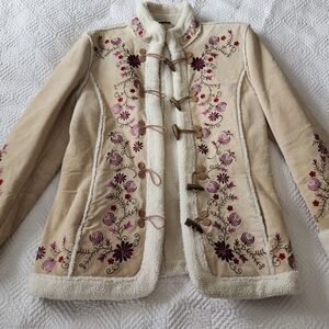 St. John's Bay Cream Teddy Jacket with Floral Embroidery